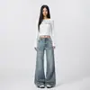 Jeans Lavado Desbotado Sem Amassados Outono/Inverno 2025 para Mulheres, Corte Solto, Não Apertado nas Pernas, Calça Reta, Azul Marinho com Estampa de Primavera