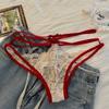 Vermelho-vinho tentação real ~ Calcinha feminina sexy francesa com cintura vazada, laço e cor contrastante