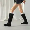 Botas de Gamuza de Cuero Artístico Vintage con Tacón Grueso de 2.5 cm Fruncidas Botas Vaqueras para Mujer 2026 Otoño/Invierno Nuevas Botas Largas con Cuentas
