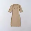 Vestido de Color Sólido con Cuello en U y Mangas Medias para Mujer, Vintage Sexy Elástico Ajustado, Ropa Exterior Hot Girl Deseo Puro, Vestido Corto Bodycon