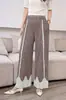 Calça Larga Plissada Estampada com Barra Ondulada Feminina Verão Nova Cintura Elástica Fluida Reta Versátil Longa para o Trabalho