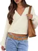 Suéter Blanco de Manga Larga con Cuello en V de Gama Alta para Mujer Otoño Cárdigan Suéter Ultra Corto Cruzado Tops de Otoño para Mujer