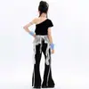 Conjunto de Baile Jazz para Niñas Negro Hombros Descubiertos Pantalones Largos de Campana Estilo Urbano Conjunto Ropa de Presentación Jazz para Niños