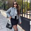 Cruzado Y2K2023 Verão Novo Europeu e Americano Gola Francesa Curto Pequeno Estilo Chanel Texturizado Bolso Grande Casaco Curto para Mulheres