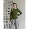 Camiseta de manga larga, cuello redondo, hombro normal, color verde, estilo coreano, para mujer, nuevo diseño otoño 2026, corte ajustado y favorecedor