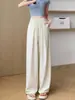 Pantalones Blancos de Seda de Leche Yamamoto de Pierna Ancha para Mujer, Novedad Primavera/Verano 2026 Cintura Alta Fluidos Acetato Petite Estilo Perezoso Seda de Hielo