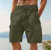 Shorts Cargo Masculino Shorts de Linho Shorts de Verão Shorts de Praia Cintura Elástica Cordão Múltiplos Bolsos Cor Sólida