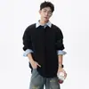 Sudadera Falsa de Dos Piezas con Cuello Polo para Hombre, Chaleco de Pareja para Primavera y Otoño, Corte Holgado, Estilo Universitario, Camiseta con Cuello de Solapa, Top Versátil de Calle