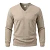 Suéter Pesado Jacquard Masculino Gola V 2026, Pulôver Casual de Manga Longa Cor Sólida Elástico