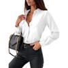 Camisa Simples de Cor Pura com Decote V de Manga Longa Estilo Nicho Americano para Mulheres Exportação Transfronteiriça Mais Vendida Design Solto Moderno Camisa