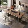 Conjunto de Mesa de Chá e Cadeiras com Acabamento em Madeira de Nogueira e Laje de Rocha para Casa, Mesa de Chá Estilo Chinês Novo, Mesa de Café para Escritório, Sensação de Luxo Leve de Alta Qualidade, Laje Grande