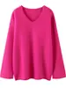 Suéter de Cachemir Holgado y Casual con Borde Enrollado para Mujer, Suéter Base de Punto Pulóver Delgado con Cuello en V, Top Simple Versátil