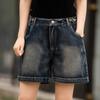 Estilo Ins de Verão Azul Claro e Escuro Algodão Reto Solto Linha A Perna Larga Emagrecedor Shorts Jeans Quente para Mulheres Cintura Alta Lavado