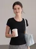 Top de punto básico liso de manga corta para mujer, estilo coreano de verano, fino, transpirable, ajuste slim, hombros normales, cuello redondo 465
