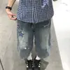 Chao Li tiene en stock pantalones vaqueros cropped con bordado de estrellas para mujer, estilo verano y otoño, diseño holgado, pantalones cropped rectos de pierna ancha que estilizan.