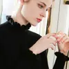 Suéter de cachemira de cuello medio para mujer, jersey, cuello de oreja, suéter de manga de encaje, suéter base corto ajustado para mujer, otoño e invierno