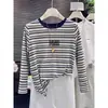 Camiseta de manga larga a rayas con bloques de color 2026 para mujer, diseño estilo ins, top de algodón puro de nicho, camiseta básica para otoño