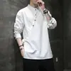 Camisa Masculina de Algodão e Linho de Manga Longa Cor Sólida Estilo Chinês Primavera e Outono 2023, Top Casual Tendência com Botões de Nó Chinês para Jovens Adultos