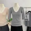 Top de punto liso, fino, con cuello en V, corte ajustado, manga media para mujer, camiseta de manga corta para primavera y verano, top base de manga media, hilo de mecha corta