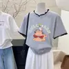 Camiseta de Malla con Estampado de Dibujos Animados Coreanos y Diseño Falso de Dos Piezas para Mujer 2025 Nuevo Verano Holgada y Versátil Top Casual