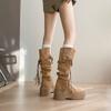 Botas Longas Femininas com Tira de Franja Tecida Vintage, Novidades de Outono, Para Baixinhas, Com Sola Grossa, Que Aumentam a Altura, Franzidas, Botas Western Descontraídas