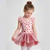 Vestido de ballet infantil con estampado digital de corazones, mangas abullonadas pequeñas, lazo y tutú de malla, vestido de una pieza de danza infantil