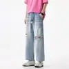 Jeans Rotos Lavados Azul Claro Nuevos 2026 para Hombre, Pantalones Rectos Cropped Casuales de Primavera de Corte Holgado, Algodón