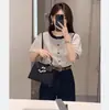 Camisa Listrada de Manga Curta Colorblock Crewneck para Mulheres 2024 Verão Nova Solta Emagrecimento Casual Puff Manga Pequena Camisa