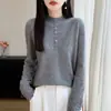 Suéter de Punto de Lana Pura con Cuello Medio y Media Apertura para Mujer, Mangas Largas y Puños de Ganchillo Calados, Nuevo Otoño/Invierno 2026