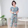 Pijama de algodão e seda de manga curta para mulheres de meia-idade e idosas, gola redonda, camisa feminina de verão para avó, senhora idosa, mãe, conjunto de duas peças para casa