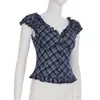 Camiseta de Mujer Estilo Y2K, Top Retro Europeo y Americano de Nicho a Cuadros con Mangas Volantes, Cuello en V Sexy Estilo Ballet Francés, Adelgazante