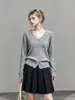 Cárdigan de punto con escote en V y ribete de encaje, estilo suave, moda otoño para mujer, prenda exterior de punto simple y elegante, 9851