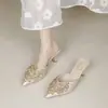 Zapatillas de Media Pantufla con Dedos Decorados de Lujo Francés para Mujer, Conjunto de Zapatillas Puntiagudas con Pedrería, Sandalias de Tacón Alto Talla Grande con Falda