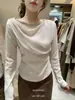 COMO OFICIAL Top longo elegante e suave estilo francês com decote redondo e tecido escovado, 29070