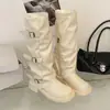Botas de Moda hasta la Pantorrilla para Mujer 2026 Otoño/Invierno Nuevas Retro Estilo Británico Aumentadoras de Altura Tacón Grueso Arrugadas Apiladas para Pantalón Botas de Jinete