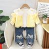Desgaste infantil Primavera e Outono Infantil Menina Lace Bow Cardigan Casual Jeans Bebê Menina Manga Longa Três Peças