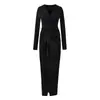Elegante Vestido de Estilo Maduro con Diseño Cruzado en V, Vestido Largo de Manga Larga con Cintura Fruncida y Plisados, Vestido Bodycon Sexy con Abertura, Elegante Vestido Largo