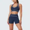 Nuevo conjunto de fitness a bloques de color transfronterizo europeo y americano con sujetador push-up a prueba de impactos, conjunto de yoga con shorts de cintura alta para control de abdomen y levantamiento de glúteos