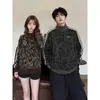 Chaqueta JMNM estilo retro americano con estampado de leopardo, unisex, atuendo de otoño para pareja, cuello alto, a rayas, corta, corte holgado, estilo high-street, moderno