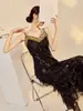 Estilo Nacional Novo Estilo Chinês Vestido de Alça High-End para Mulheres Verão Malha Bordada com Miçangas Franja Vestido N7012