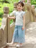 Hanfu Feminino Verão 2025 Novo Infantil Novo Estilo Chinês Estilo Nacional Camisa de Manga Voadora Calça Larga Leve Conjunto de Duas Peças