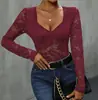 2026 Bodysuit Sexy de Renda com Decote V para Mulheres, Ajuste ao Corpo, Manga Longa Transparente, Macacão Transpassado Amazon Cross-Border
