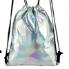Mochila con cordón Harajuku Soft Girl Láser para Mujer Bolsillo con cordón Personalizada Brillante Reflectante Moda Casual Bolso de PU para Mujer con cordón