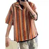 Camisa Holgada de Color Contrastante Tejida Estilo Étnico Bohemio con Cuello Cubano para Hombres y Mujeres, Camisa de Manga Corta para Vacaciones en Pareja, Marrón