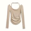 Nuevo Estilo Ballet Chica Otoño Temprano Camiseta de Manga Larga con Pliegues y Cuello Halter Estilo Europeo y Americano para Mujer Color Sólido Ajustada a la Cintura Camiseta Interior