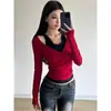 Camiseta de Manga Larga con Cuello de Mañana [1X1 De Rong 220g] Encaje Estilo Hot Girl Falso Dos Piezas para Mujer, Top Ajustado con Cuello en V Estilo Puro Deseo