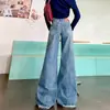 Novedad Otoño 2026 Pantalones Jeans Americanos de Pierna Ancha de Tejido de Bambú para Mujer, Cintura Alta, Holgados, Adelgazantes, Rasgados, Acampanados