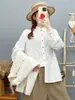 Camisa de renda com gola alta e mangas compridas para mulheres, estilo artístico francês, bordado em relevo, top interno estiloso 100% algodão MHT