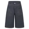 Pantalones de Trabajo Cropped Estilo Americano Color Blanco Crudo con Dobladillo Enrollado, Bordado de Patrón de Hierba, Gran Bordado de Estrella de Cinco Puntas en el Bolsillo Trasero, Jeans Holgados para Hombre
