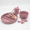 Plato de cena plato de comida complementaria plato rayado con ventosa para bebé plato cuchara Tenedor juego de vasos de agua cuchara con mango de madera Tenedor compartimento infantil